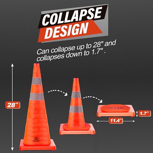 RoadHero 28 Inch 2 Pack Collapsible Traffic Safety Cones, Multi Purpose Pop-up Cones with Reflective Collar for Road Safety, Orange Cones for Driving Training, Parking Lots