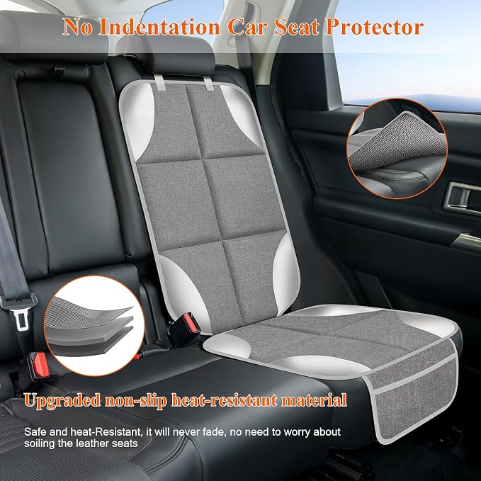 Car Seat Protector for Child Car Seat, 600D Fabric Carseat Seat Protectors, Seat Protector Under Baby Pet Car Seat with Upgraded Non-Slip Backing, Mesh Storage Pockets, Silver-Gray, 1PCS