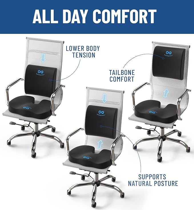 Everlasting Comfort Doctor Recommended Memory Foam Seat Cushion for Office Chairs & Car - Ergonomic Office Desk Accessories - Cushions for Tailbone Pain Relief, Sciatica & Back Support Pillow