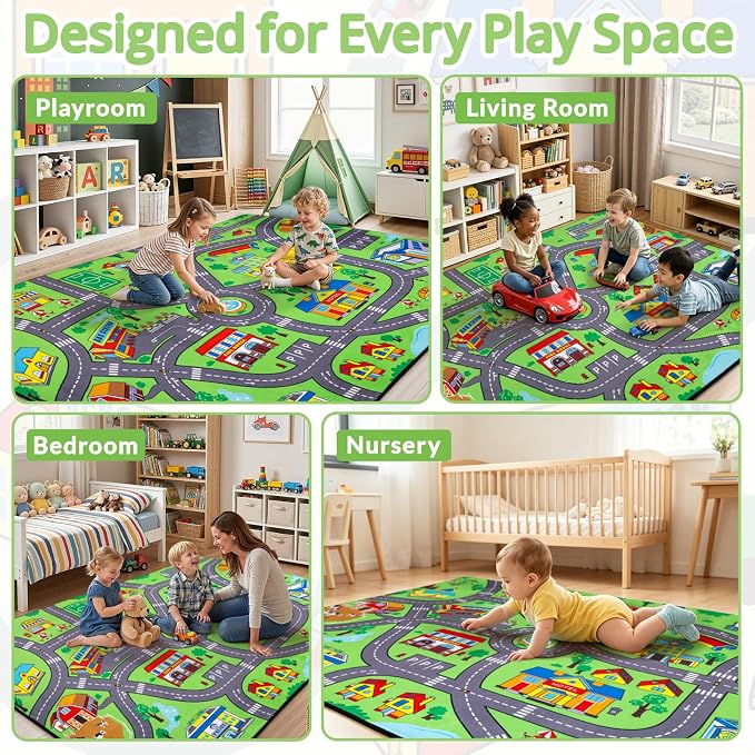 Kids Rug, 3x5 Ft City Road Play Rug for Kids | Extra Thick 0.4in Soft Non-Slip Car Carpet Play Rug with Realistic Roads for Toy Cars, Bedroom, Playroom & Nursery