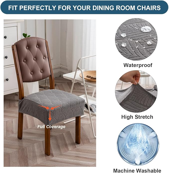 Removable Washable Dining Chair Seat Covers Set of 6,Stretch Jacquard Chair Seat Cushion Protector Slipcovers, Rear Covers