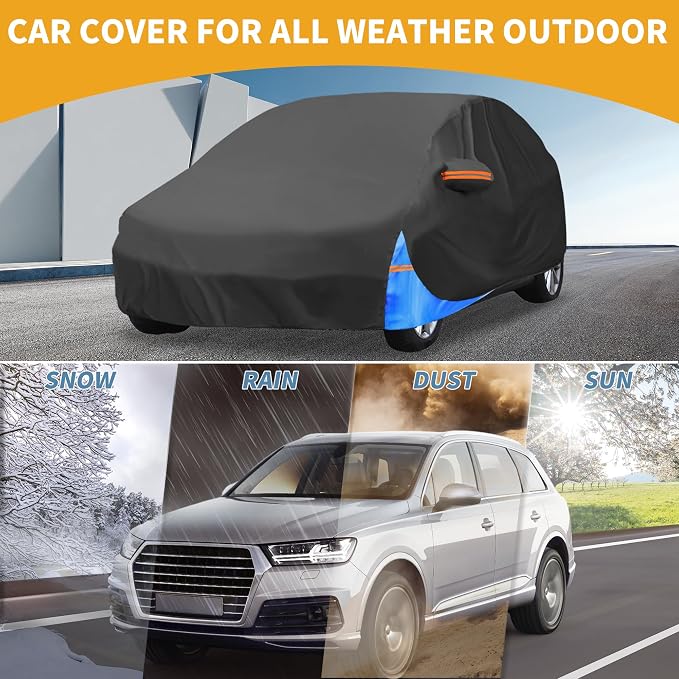 Waterproof All-Weather Universal Car Cover with Right Side Zipper, 190T Polyeste Black Blue Fits for Hatchback 163" to 177" Length