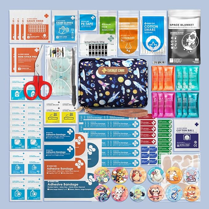 EVERLIT Care Rescue Pack | Family-Friendly First Aid Kit for Kids with 200 Pcs Medical Supplies | Travel-Friendly Compact Storage Bag for Home, Car, Travel, Camping, Adventure (Galaxy)