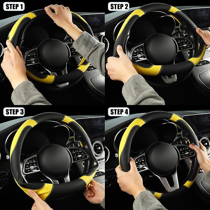 Black Yellow Microfiber Leather Steering Wheel Cover 14 inch | Breathable Anti Slip Grip Cool Sporty Look Glow for Women Men