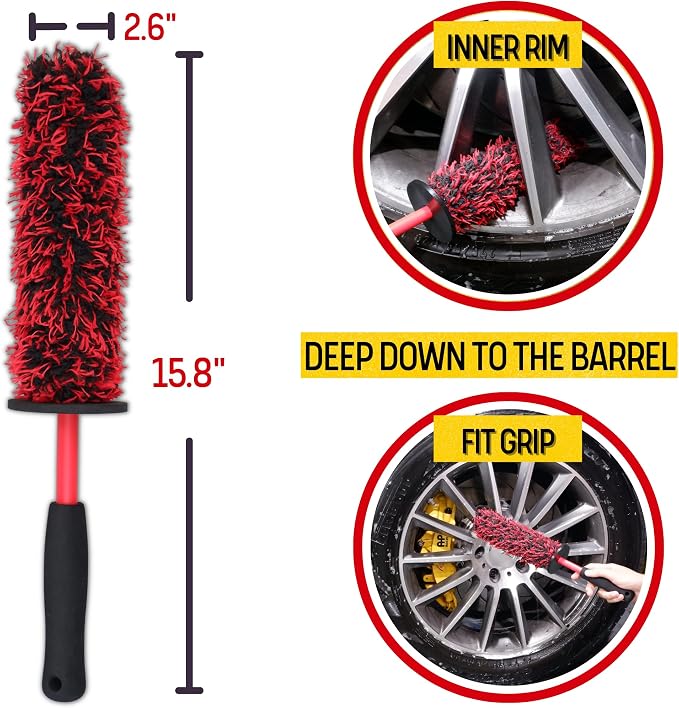 oesee Metal Free Microfiber Wheel Brush Kit- Microfiber Angled Wheel Brush, Long Handle Wheel Brush, Tire& Detailing Brush, Wheel Wash Mitt. Hands-On Wheel Detailing Kit for Daily Wheel Cleaning