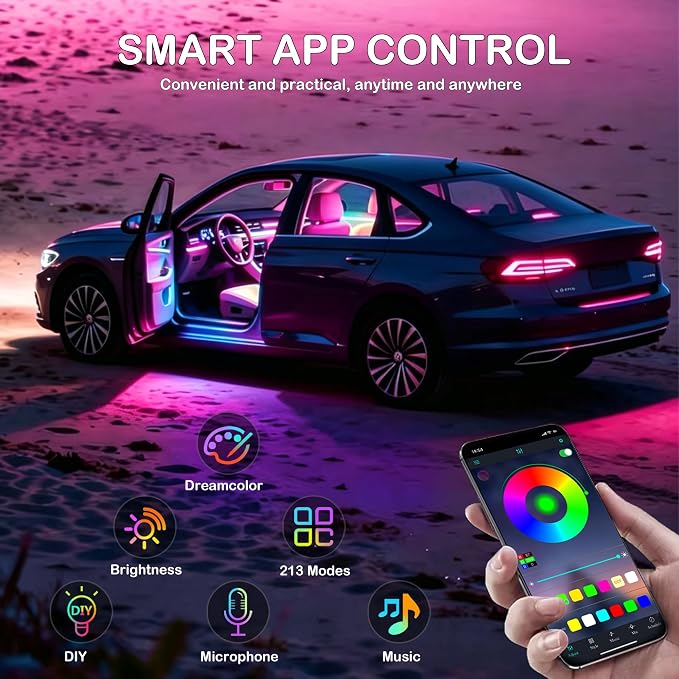 Interior Car LED Strip Lights with Wireless APP, Ambient Lighting Kits with Dynamic Dreamcolor Chasing, 16 Million Colors Acrylic LED Lights for Car, Sound Active Function Car Neon Lights (10 in 1)