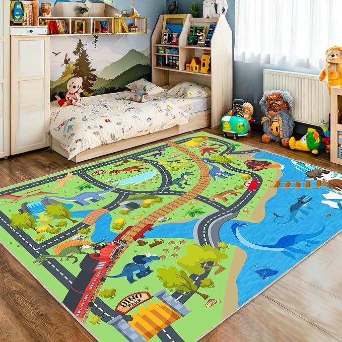 Kids Rugs for Playroom - Non-Slip 3x4 ft Car Rug Dinosaur Play Mat | Soft Fabric, Dinosaurs Carpet, Washable Car Rugs Road Carpet, for Classroom Nursery Bedroom Boys, Stain and Flame Resistant