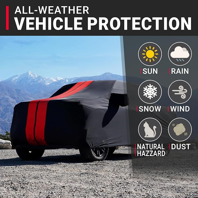 iCarCover Premium Heavy Duty Truck Car Cover - Waterproof All Weather Rain Snow UV Protection, F-150, Chevy C/K 1500 2500, Silverado, Ram, Tundra, Sierra, Size T77 (See Size Chart), Stripe - Black/Red