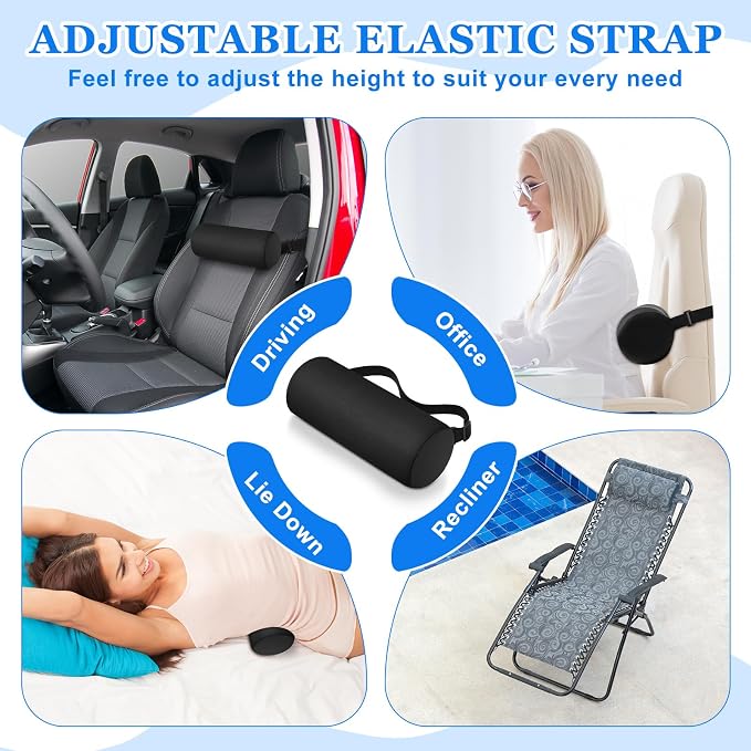 Wenqik 2 Pcs Lumbar Support Pillow Lumbar Roll Lower Pillow Office Seat Cushion with Adjustable Strap and Washable Cover for Travel Gaming Chair Car Seat Pain Relief(Black)