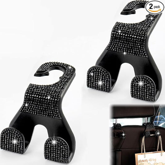 Bling Car Purse Hooks 2Pcs, Rhinestones Car Headrest Hook Backseat | Double Hooks,Holds 44Lbs,Wide Opening,Durable Nylon,Car Seat Hook,Purse Holder,Bling Car Accessories for Women,Black