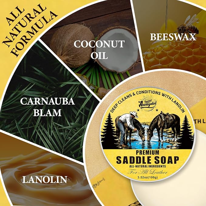 Saddle Soap for Leather 3.52oz,3-in-1 Leather Cleaner & Conditioner to Soften,Protect Leathercraft with Horsehair Brush & Cloth,Leather Soap for Car Interior,Couch,Shoe,Purse,Boot,Bag & Saddle