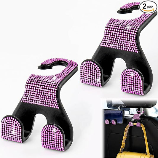 Bling Car Purse Hooks 2Pcs, Rhinestones Car Headrest Hook Backseat | Double-Hooks,Holds 44Lbs,Wide-Opening,Durable Nylon,Car Seat Hook,Purse Holder,Bling Car Accessories for Women-Black