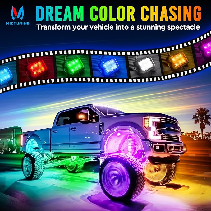 MICTUNING C2+ RGB+IC Chasing Color Ultra-Bright 12 Pods LED Rock Lights | Switch Wiring Kit, Extra Extensions, Aluminum Housing, IP68 Waterproof, Series/Parallel, Up to 24 Pods, Music Sync Mode
