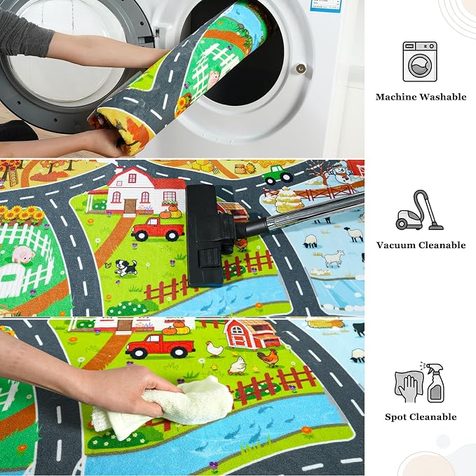 Car Rug Play Mat for Kids Toy Cars, 8' x 10' Town Country Barn Track Four Seasons Farm Theme Traffic Carpet, Non-Slip Washable Area Rug for Kids Room Bedroom Play Area, Fun Learning Rugs for Children