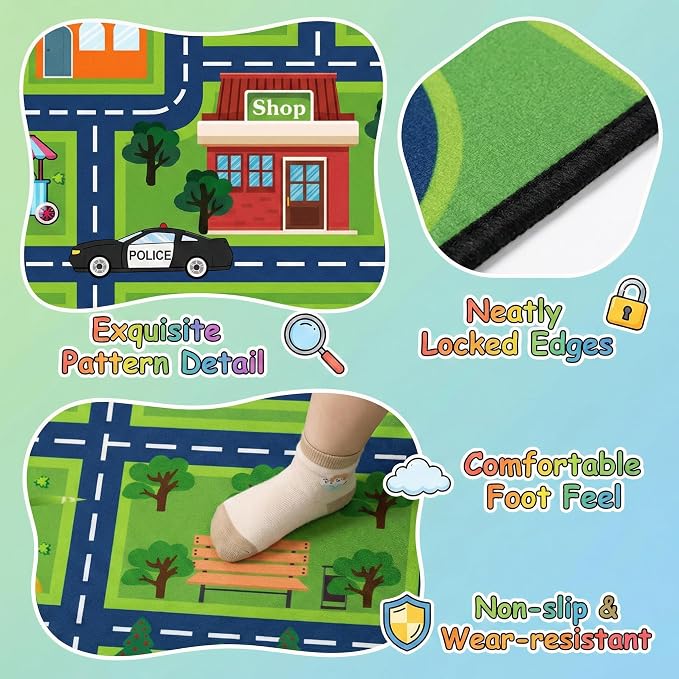 Kids Car Rug Play Mat 4.5x6 Feet City Life Road Traffic Track Carpet for Boys Bedroom Playroom Non Slip Floor Area Rugs for Toy Cars Toddlers Educational Learning Game Mat