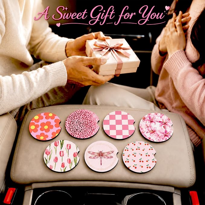 2PCS Flower Car Cup Holder Coasters Neoprene Car Coasters Universal | 2.75" Anti-Slip Rubber Mat with Finger Slot for Vehicle SUV Truck Vivid Cars Accessories Flower Gifts for Women Men