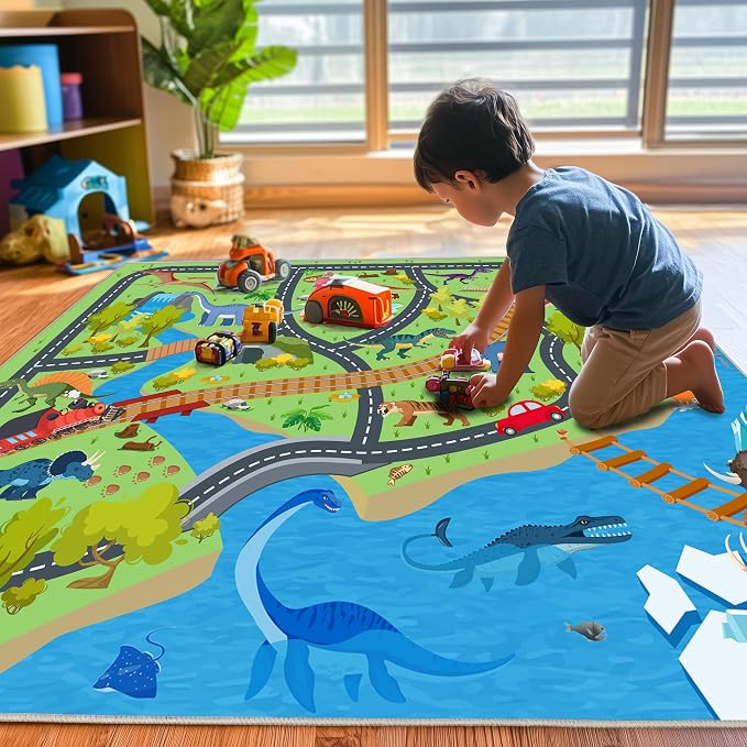 Kids Rugs for Playroom - Non-Slip 3x4 ft Car Rug Dinosaur Play Mat | Soft Fabric, Dinosaurs Carpet, Washable Car Rugs Road Carpet, for Classroom Nursery Bedroom Boys, Stain and Flame Resistant