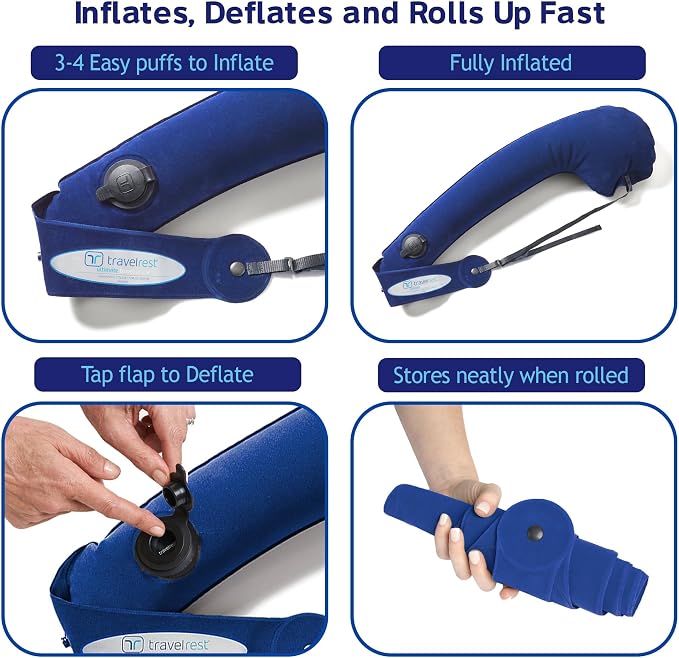 TRAVELREST Ultimate Travel Pillow & Body Pillow - Headrest, Auto, Bus, Train, Office Napping, Camping, Wheelchairs, Comfort and Support, Rolls Up, Straps to Airplane Seat & Car - Blue