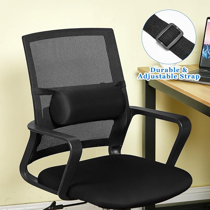 Wenqik 2 Pcs Lumbar Support Pillow Lumbar Roll Lower Pillow Office Seat Cushion with Adjustable Strap and Washable Cover for Travel Gaming Chair Car Seat Pain Relief(Black)