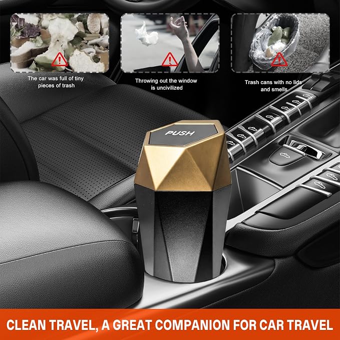 2 PCS Car Trash Can with Lid, Waterproof Diamond Design Auto Cup Holder Trash Bin, Leakproof Mini Garbage Organizer for Vehicle Home Office Kitchen Bedroom, Car Accessories (Golden)