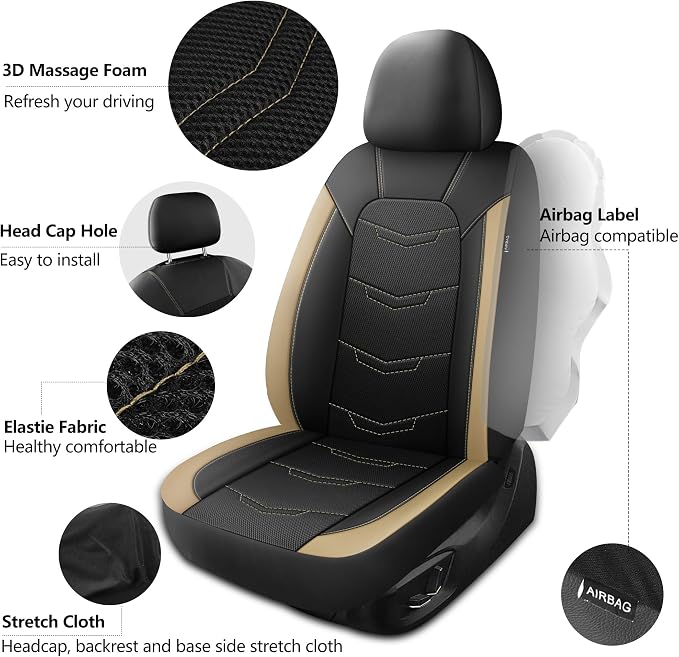 HChengkikz Front Car Seat Cover, Breathable and Sporty (Black + Beige) | Leather, Universal Fit for Most SUVs, Cars, Sedans, Trucks, Airbag Compatible, Easy to Install