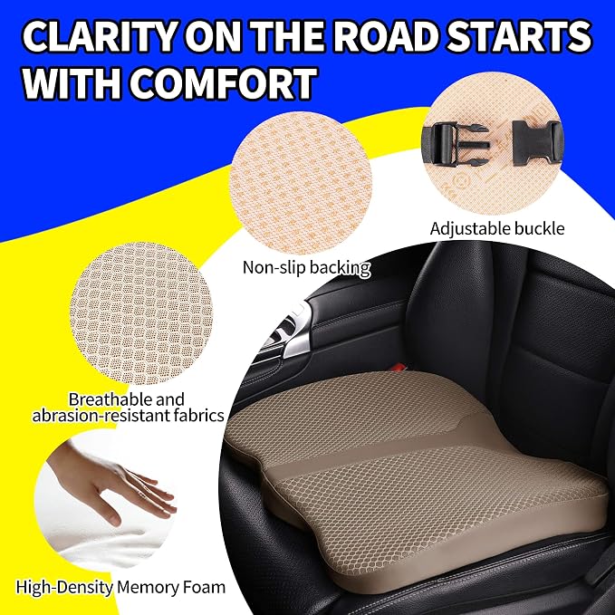 Comfort Memory Foam Seat Cushion for Car Seat Driver, Tailbone (Coccyx) Pain Relief Pad for Driving, Office Chair (Beige)
