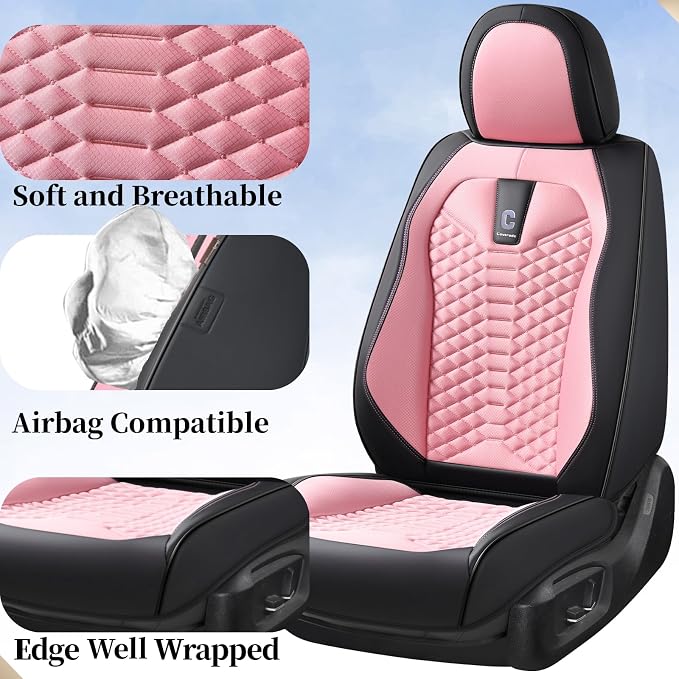 Coverado Car Seat Covers Full Set, 5 Seats Universal Seat Covers for Cars, Breathable Fabric& Faux Leather Auto Seat Cushions, Front and Rear Seat Protectors Fit for Most Sedans SUV Truck, Pink