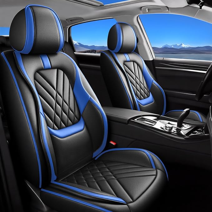 Fit Titan Car Seat Covers Compatible with Nissan Titan 2009-2024 2025 2026-Premium Leather,Waterproof,Breathable,Airbag Compatible &All-Weather Seat Cushion Protecto(5 Seats Full Set,Blue)