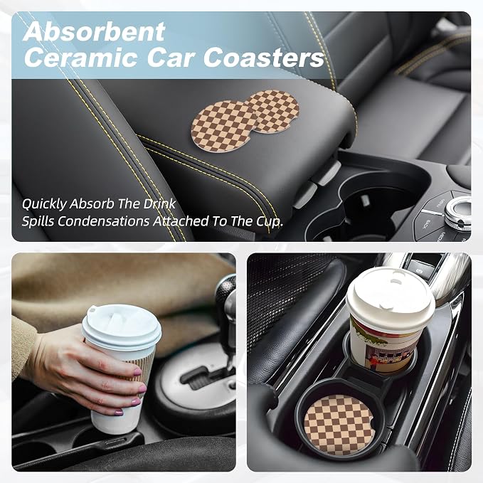 Brown Checkered Car Coasters for Cup Holders,2 Pack Car Cup Holder Coasters for Car,Ceramic Absorbent Car Coaster with A Finger Notch and Cork Base,Car Interior Accessories for Women Men