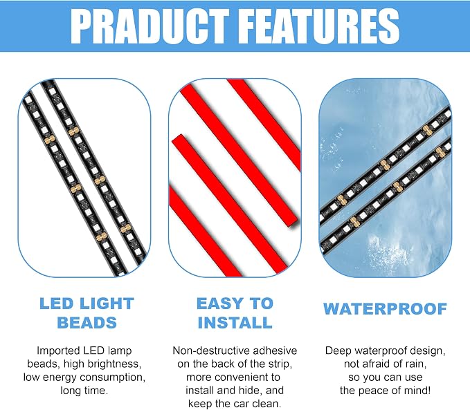 Car LED Strip Light, 48 LED 12V USB Port, Blue | RGB Neon Auto Interior Atmosphere Lights, Under Dash Ambient Night Light, Universal Decorative Lamp Accessory for Car Truck