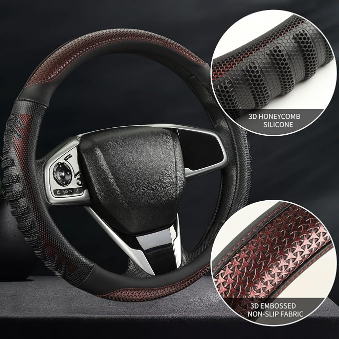 D Shaped Steering Wheel Cover Great Grip with 3D Honeycomb 14 inch | Anti-Slip Silicone Heavy-duty Microfiber Leather Sporty Design, Small 13.5 inch - 14 inch, Black with Burgundy