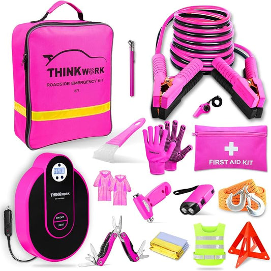 THINKWORK Car Emergency Kit for Teen Girl and Lady's Gifts, Pink Emergency Roadside Assistance kit with Digital Air Compressor, 10FT Jumper, First Aid Kit, and More Ideal Pink Car Accessories Tool -E7
