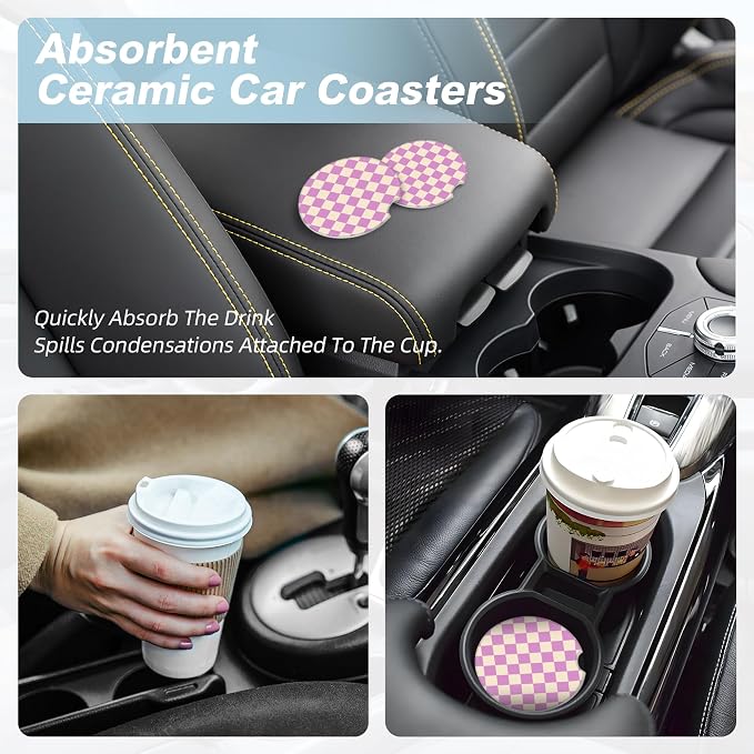 Purple Checkered Car Coasters for Cup Holders,2 Pack Car Cup Holder Coasters for Car,Ceramic Absorbent Car Coaster with A Finger Notch and Cork Base,Car Interior Accessories for Women Men