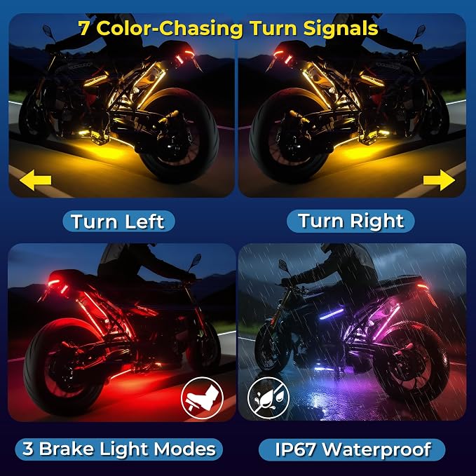 8PCS Double Row Motorcycle Led Lights with Brake Turn Signal,Underglow Light Kits with DITRIO APP/RF Remote Control, Dual Zone,Waterproof,12V Pixelglow RGB Lights for Motorcycles, Golf Carts, UTVs