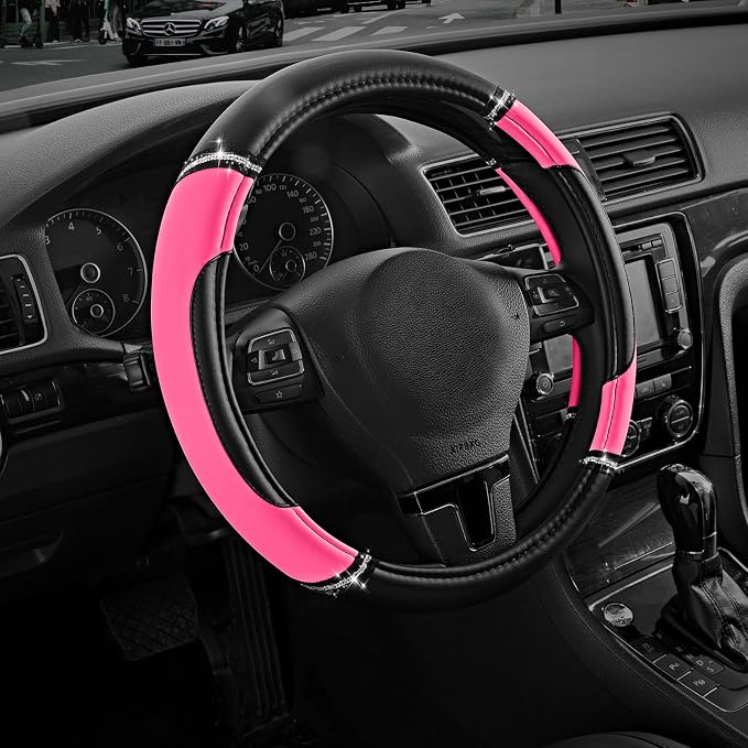 Road Comforts Leather Steering Wheel Cover - Made with PVC Leather - Anti-Slip, Universal Fit 14 1/2 inches to 15 inches - Hot Pink