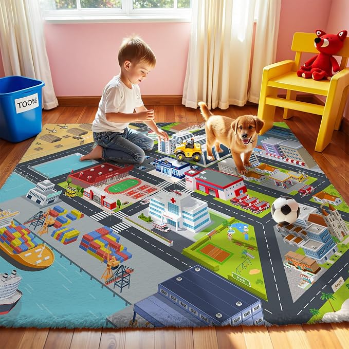 Nayoroom Kids Harbor City Road Rug, Faux Wool Car Map, Non-Slip, 5 x 7 ft | Harbor city road map; Waterfront scenes; Soft faux wool surface; Non-slip backing; Easy-care room accent
