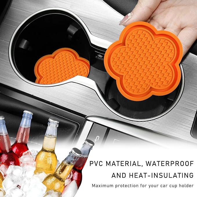 DXNQ 4 PCS Car Cup Coasters, Cute Flower Shaped Car Cup Holder Mat, PVC Waterproof Anti Slip Vehicle Cup Holder Insert Coaster, Universal Car Interior Decor Accessories (Orange)