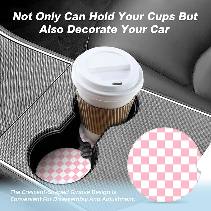 Pink and White Checkered Car Coasters for Cup Holders,2 Pack Car Cup Holder Coasters for Car,Ceramic Absorbent Car Coaster with A Finger Notch and Cork Base,Car Interior Accessories for Women Men