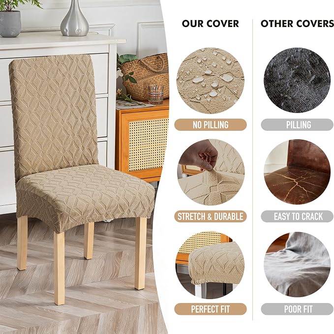 Genina Waterproof Chair Covers for Dining Room Set of 4, Removable Washable Chair Slipcover Protectors, Khaki