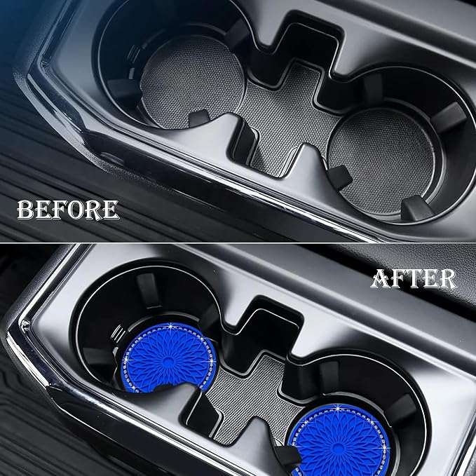2PCS Bling Car Cup Holder Coasters, 2.75 Inch Silicone Anti-Slip Insert, Bling Shockproof Cup Mat for Women Girls, Universal Fit for Most Vehicles (Deep Blue & White)