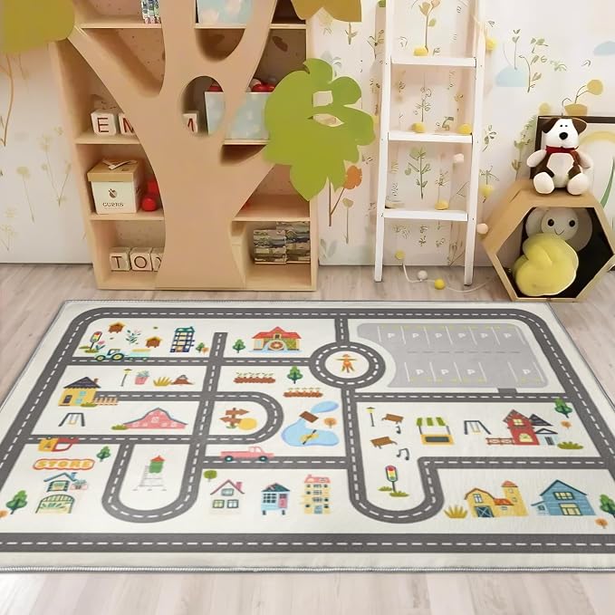 Nayoroom Kids Town Road Playroom Rug, Faux Wool Car Map, Non-Slip, 4 x 6 ft | Interactive town road map; Community scenes; Soft faux wool surface; Non-slip backing; Easy-care room accent