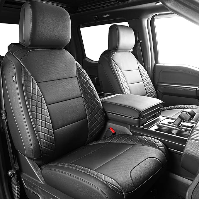 F150 Front Seat Covers, Custom Fit Ford 2021-2026 F150 SuperCrew XL,XLT, 2023 2024 2025 2026 F250 F350 F450 XL XLT Crew Cab, Black Leather (Only for Front Seats)