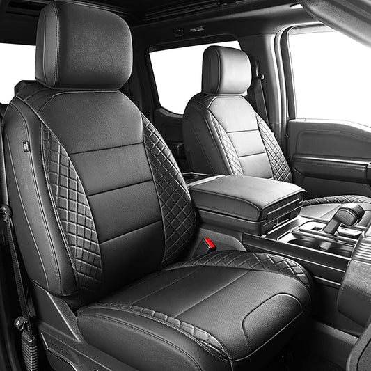 F150 Front Seat Covers, Custom Fit Ford 2021-2026 F150 SuperCrew XL,XLT, 2023 2024 2025 2026 F250 F350 F450 XL XLT Crew Cab, Black Leather (Only for Front Seats)