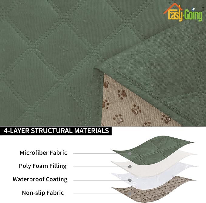 Easy-Going Waterproof Couch Cushion Covers, Non-Slip Leakproof Sofa Seat Cushion Slipcovers, Quilted and Stretch Furniture Protector for Dogs, Pets (3-Piece Sofa Cushion, Grayish Green)
