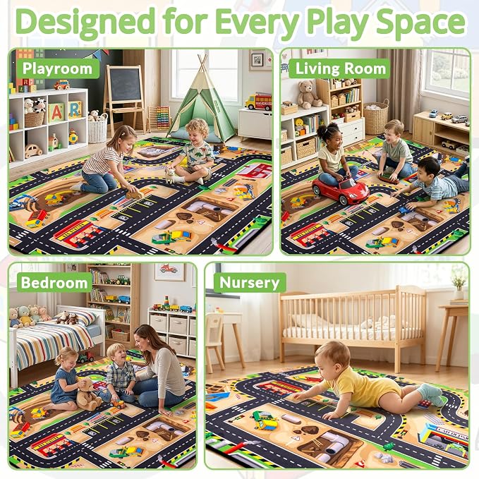 Kids Rug, 3x5 Ft Construction Play Rug for Kids | Extra Thick 0.4in Soft Construction Site Play Rug with Non-Slip Rubber Backing,Machine Washable for Bedroom & Playroom