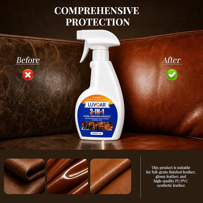 Leather Cleaner and Conditioner 3-in-1 Spray, Use on Leather Furniture, Car Seats, Shoes, Bags, Jackets and Leather Bags with Microfiber Brush & Microfiber Cloth(32 oz Spray Bottle)