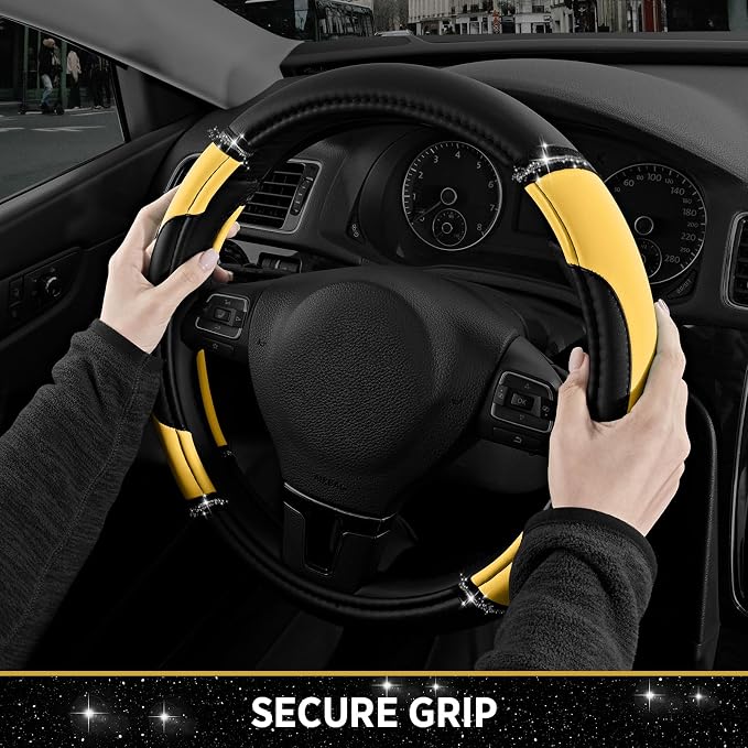 Road Comforts Leather Steering Wheel Cover - Made with PVC Leather - Anti-Slip, Universal Fit 14 1/2 inches to 15 inches - Yellow