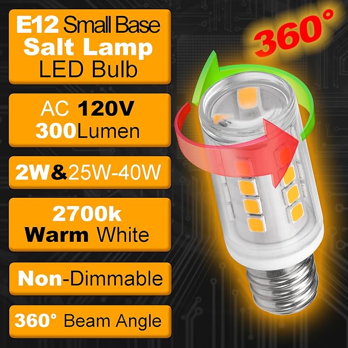 E12 LED Night Light Bulb 25W-40W Replace AC120V 2W 2700K Warm White, 4 Pack | C7 Candelabra Base, 300lm, for Himalayan Salt Lamp Dryer Refrigerators Decoration Christmas Lighting Bulb, Non-dimmable