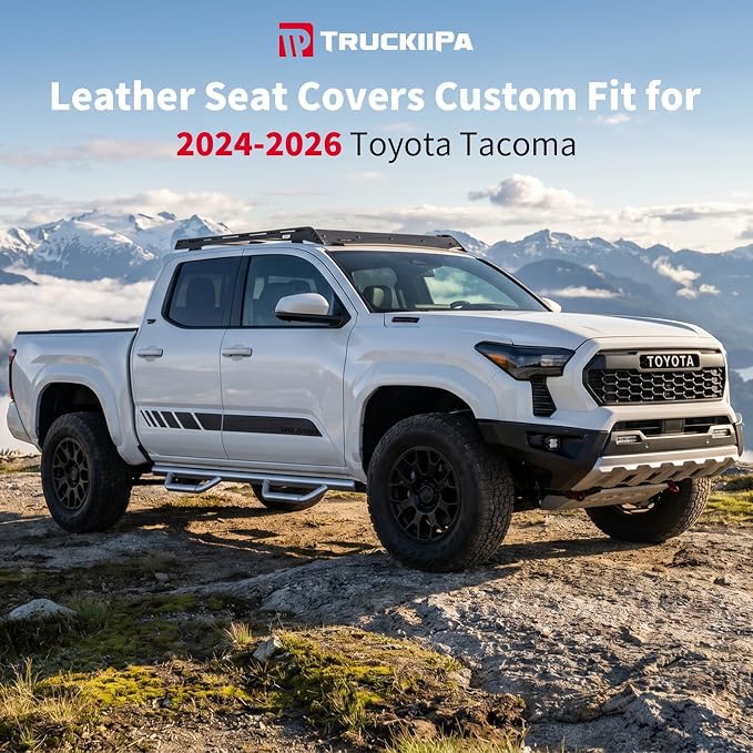 Truckiipa Custom for 4th Gen Tacoma Seat Covers Full Set, Waterproof Leather Seat Cushion Covers Fit for 4th Gen 2024 2025 2026 Toyota Tacoma Double Crew Cab, Full Set, Black&Blue