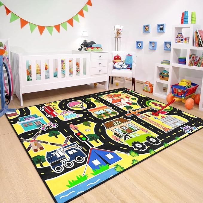 Car Rugs for Kids Toy - Car Track Carpet for Boys Road Rug for Bedroom Road Map Carpet for Kids Toy Play Mat Farm, 3x5 Feet